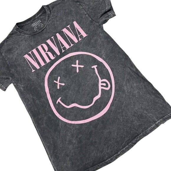 Nirvana Womens Size‎ S Black Wash Pink Happy Face Graphic Print Tee T-Shirt NEW - Picture 1 of 5